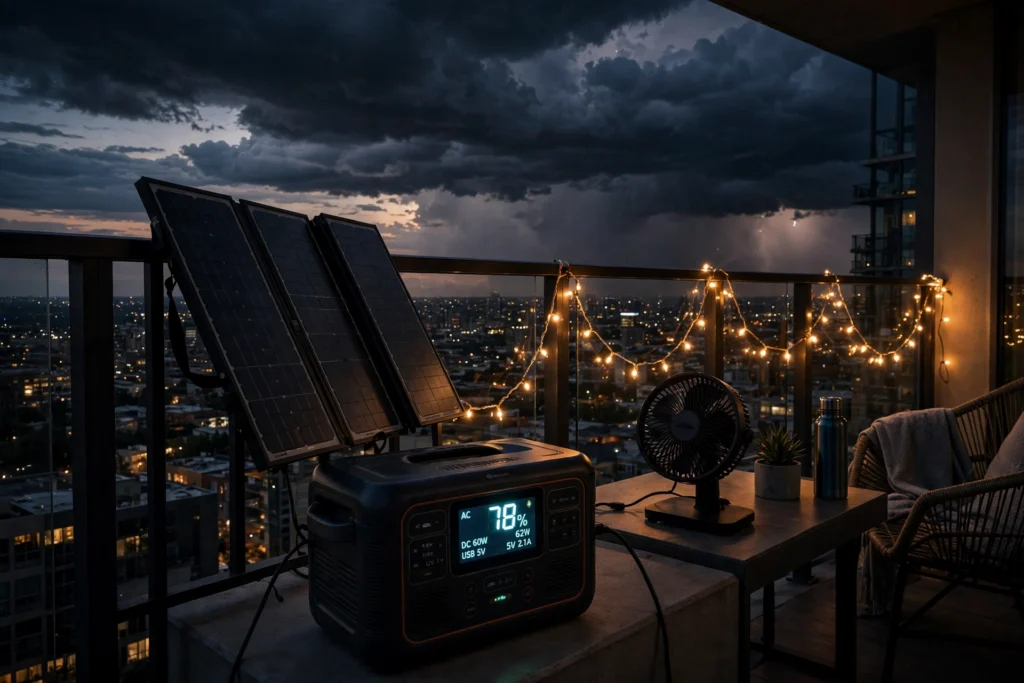 Condo balcony during a blackout with a power station and solar panel