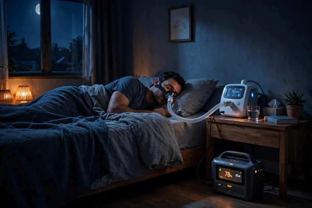 CPAP machine on a nightstand powered by a portable power station at night