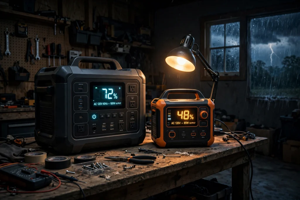 Two portable power stations side by side during a nighttime power outage