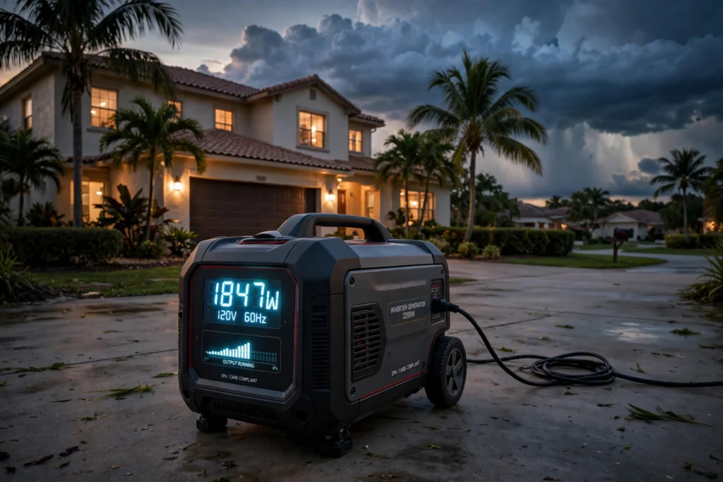 Portable generator on a driveway with a watt meter at dusk