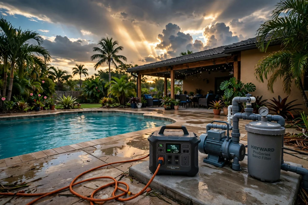 Backyard pool with pump equipment powered by a portable power station