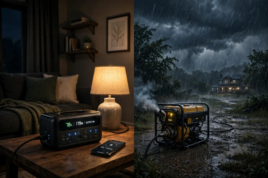 Battery power station indoors and gas generator running outside in the rain